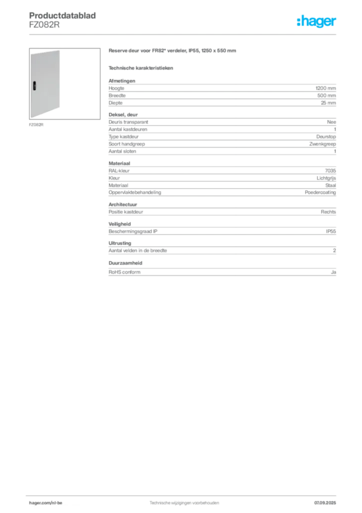 Afbeelding Hager Productdatablad FZ082R | Hager Belgium