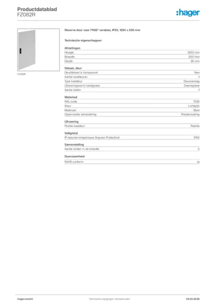Afbeelding Hager Productdatablad FZ082R | Hager Nederland