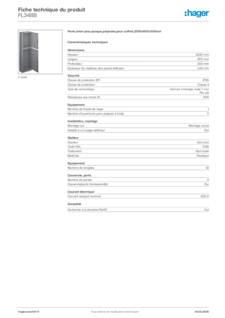 Image Hager Fiche technique du produit FL348B | Hager Afrique