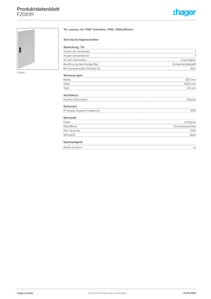 Bild Hager Produktdatenblatt FZ081R | Hager Deutschland