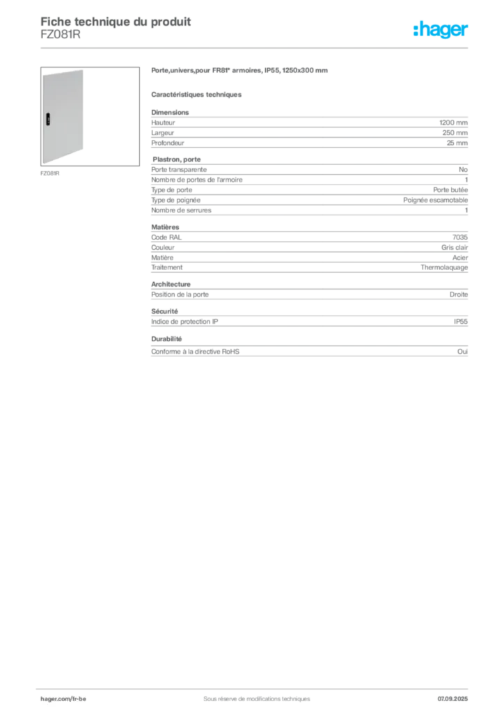 Image Hager Fiche technique du produit FZ081R | Hager Belgique