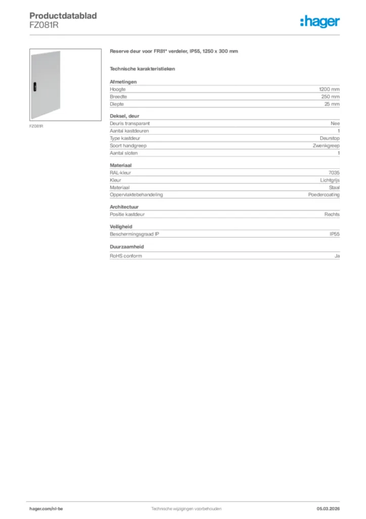 Afbeelding Hager Productdatablad FZ081R | Hager Belgium