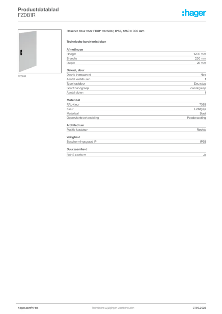 Afbeelding Hager Productdatablad FZ081R | Hager Belgium
