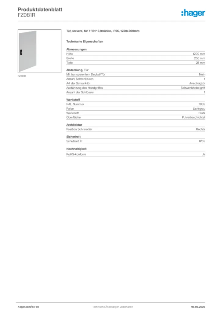 Bild Hager Produktdatenblatt FZ081R | Hager Schweiz