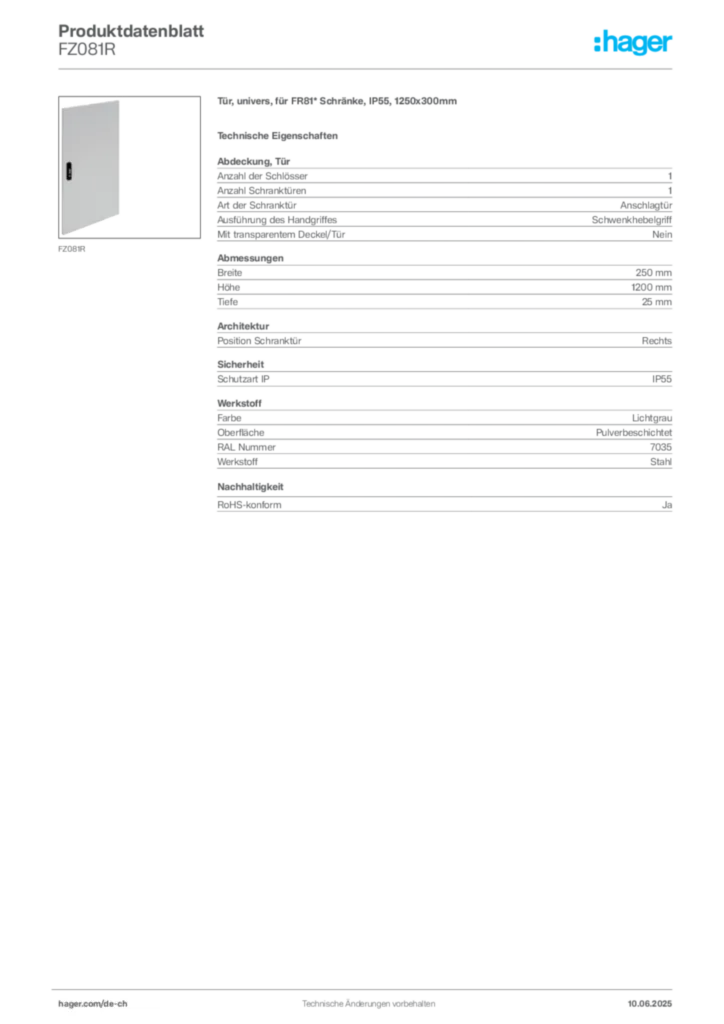 Bild Hager Produktdatenblatt FZ081R | Hager Schweiz