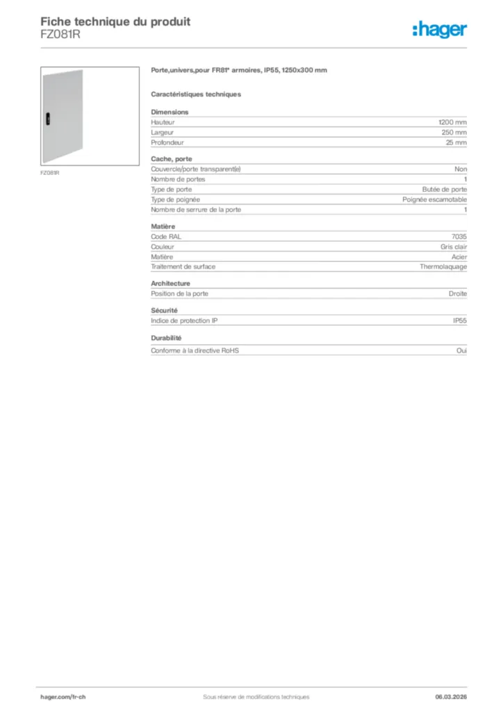 Image Hager Fiche technique du produit FZ081R | Hager Suisse