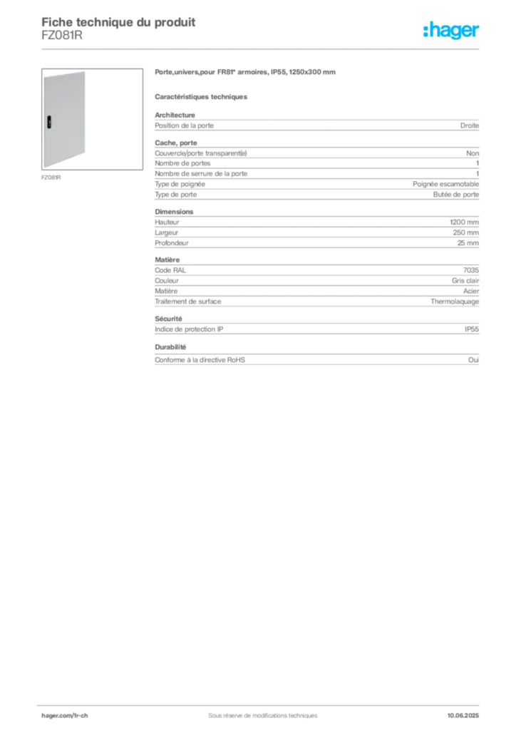 Image Hager Fiche technique du produit FZ081R | Hager Suisse