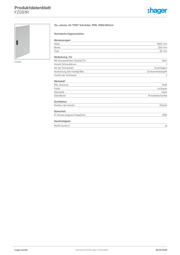 Bild Hager Produktdatenblatt FZ081R | Hager Deutschland