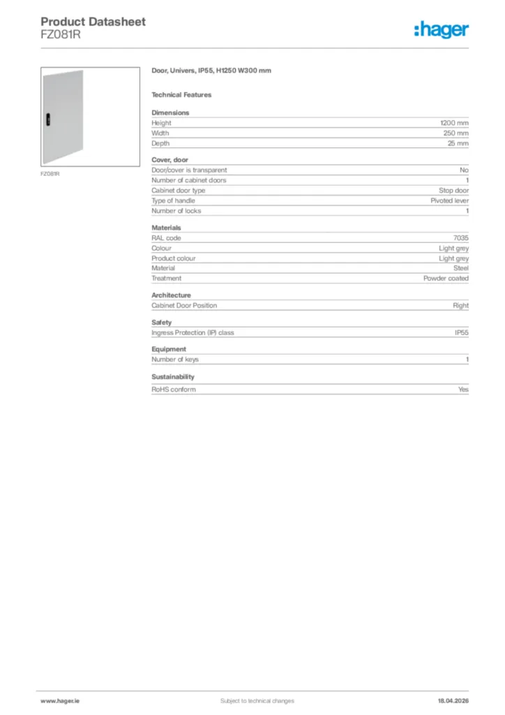 Image Hager Product data sheet FZ081R  | Hager