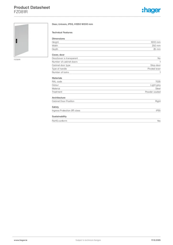 Image Hager Product data sheet FZ081R  | Hager