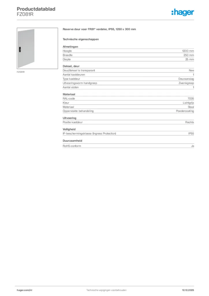 Afbeelding Hager Productdatablad FZ081R | Hager Nederland