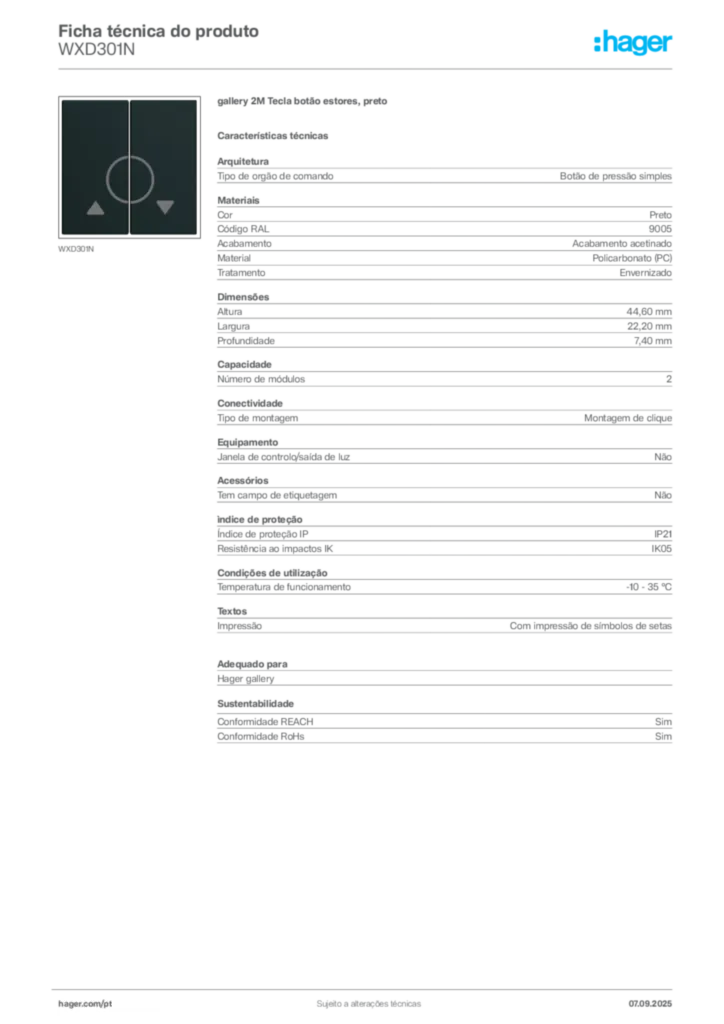 Imagem Hager Ficha técnica do produto WXD301N | Hager Portugal