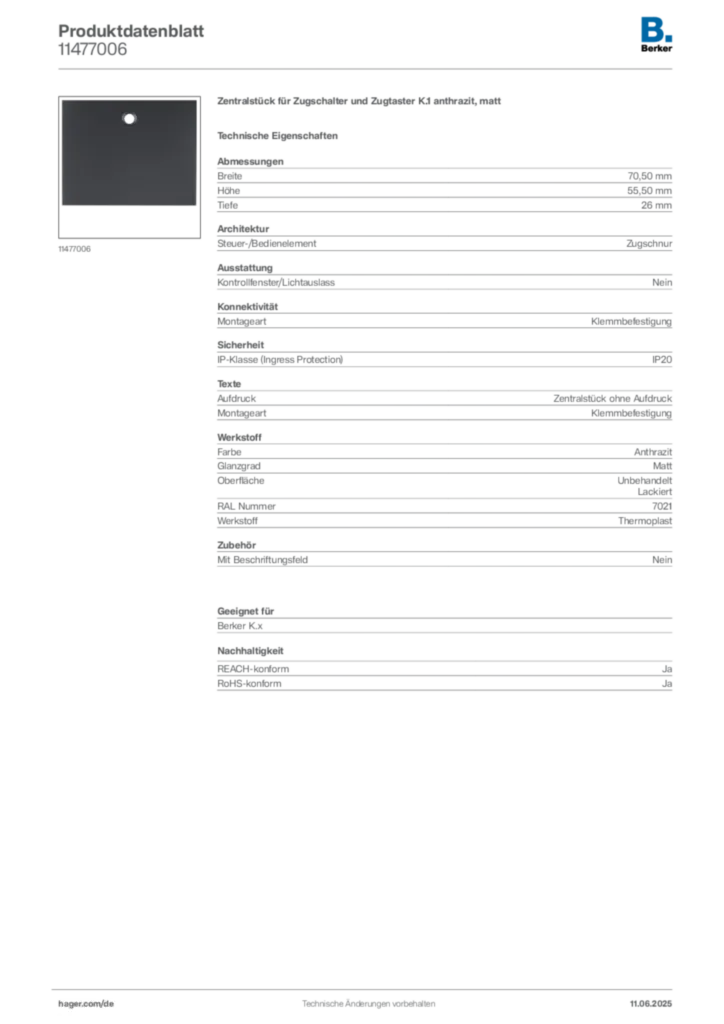 Bild Berker Produktdatenblatt 11477006 | Hager Deutschland