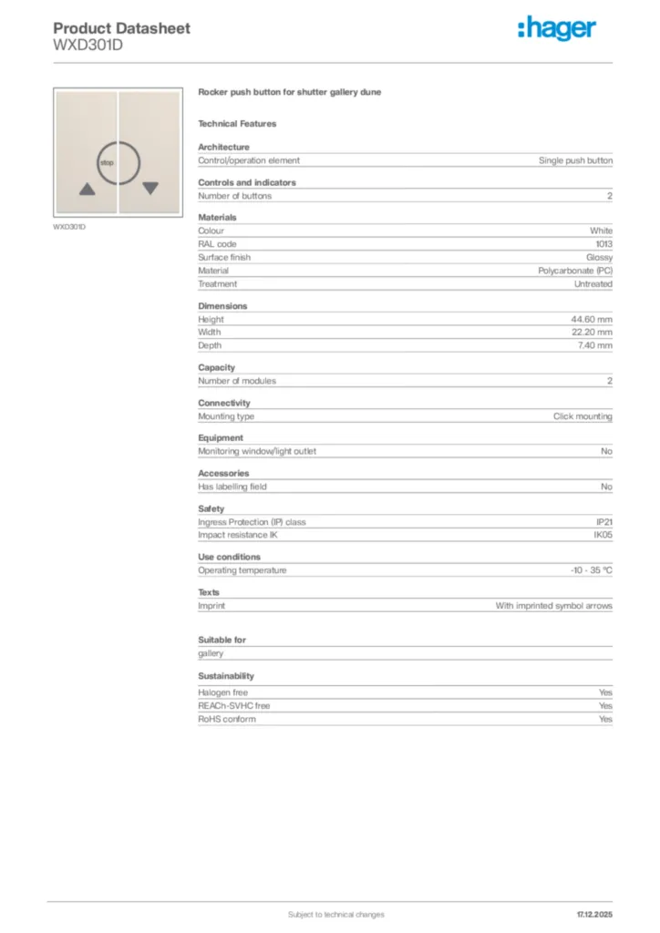 Image Hager Product data sheet WXD301D  | Hager Africa