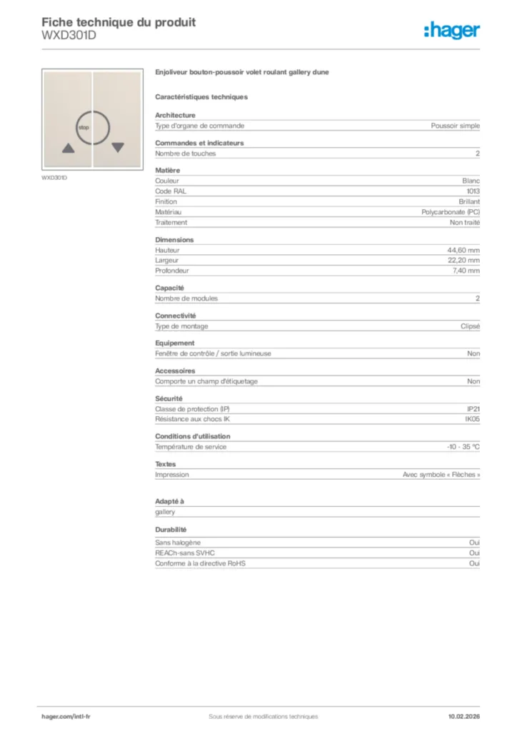 Image Hager Fiche technique du produit WXD301D | Hager Afrique