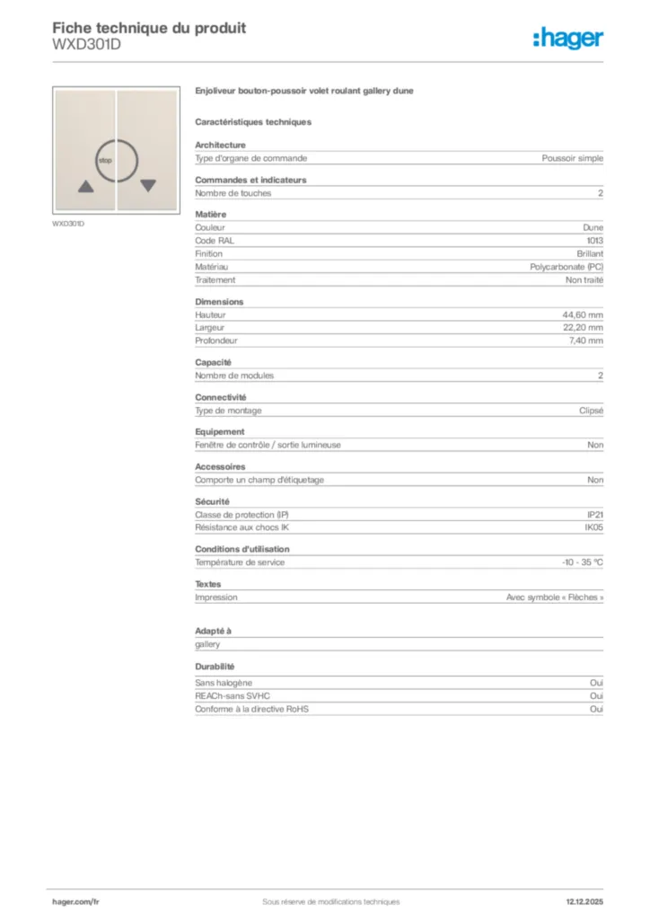 Image Hager Fiche technique du produit WXD301D | Hager France