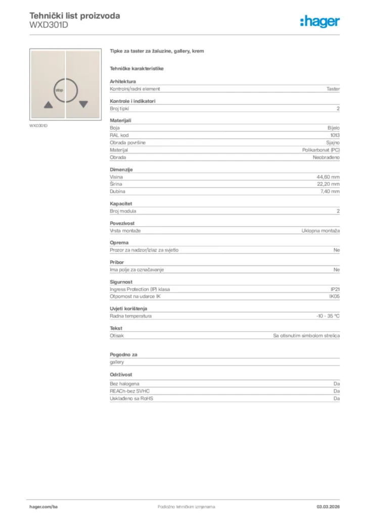 Slika Hager Tehnički list proizvoda WXD301D  | Hager
