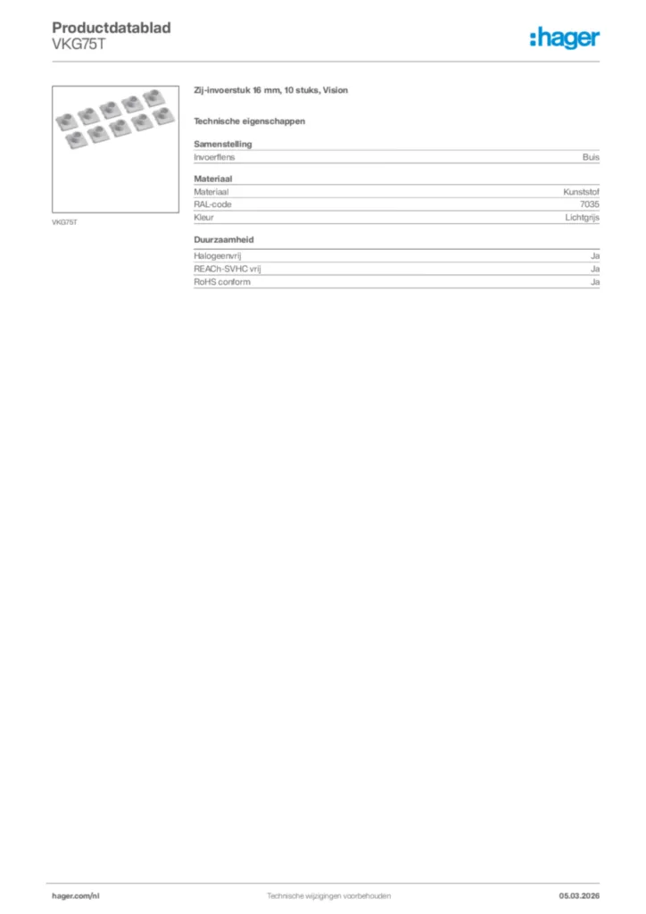 Afbeelding Hager Productdatablad VKG75T | Hager Nederland