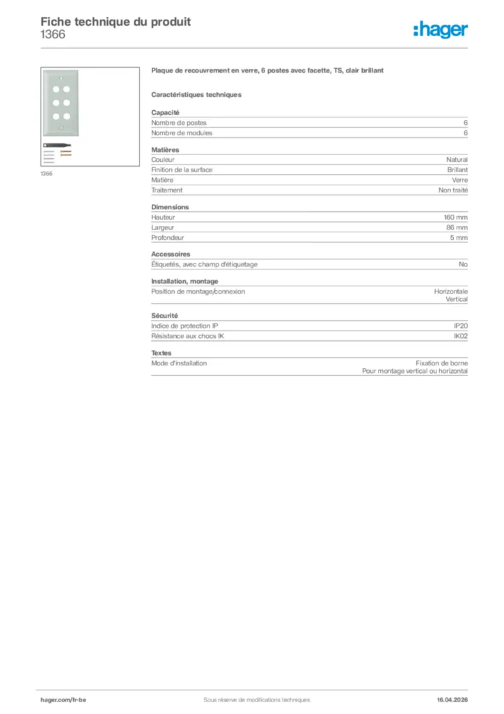 Image Hager Fiche technique du produit 1366 | Hager Belgique