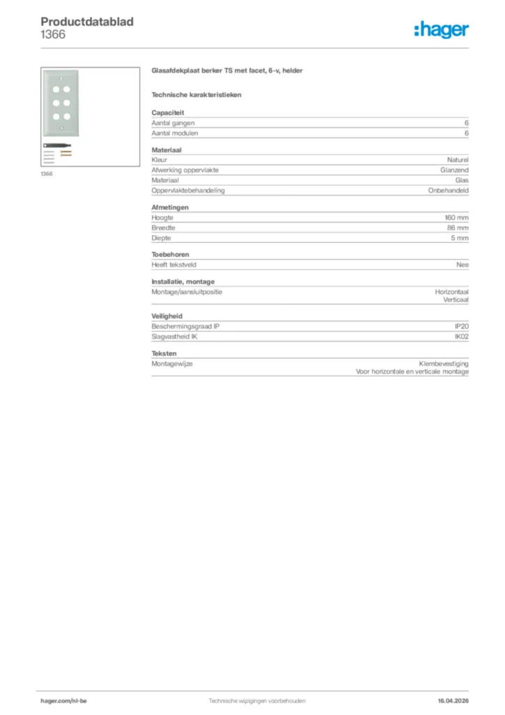 Afbeelding Hager Productdatablad 1366 | Hager Belgium