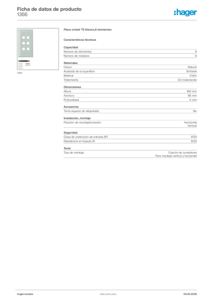 Imagen Hager Ficha de datos de producto 1366 | Hager España