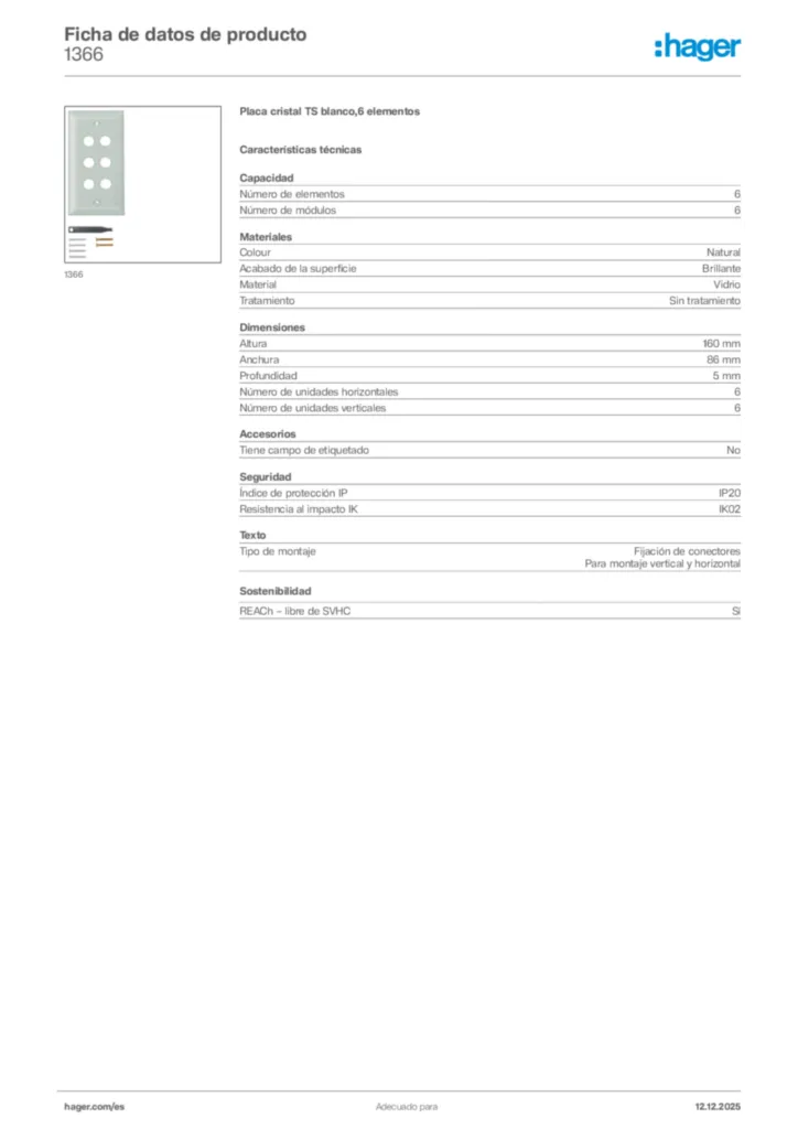 Imagen Hager Ficha de datos de producto 1366 | Hager España