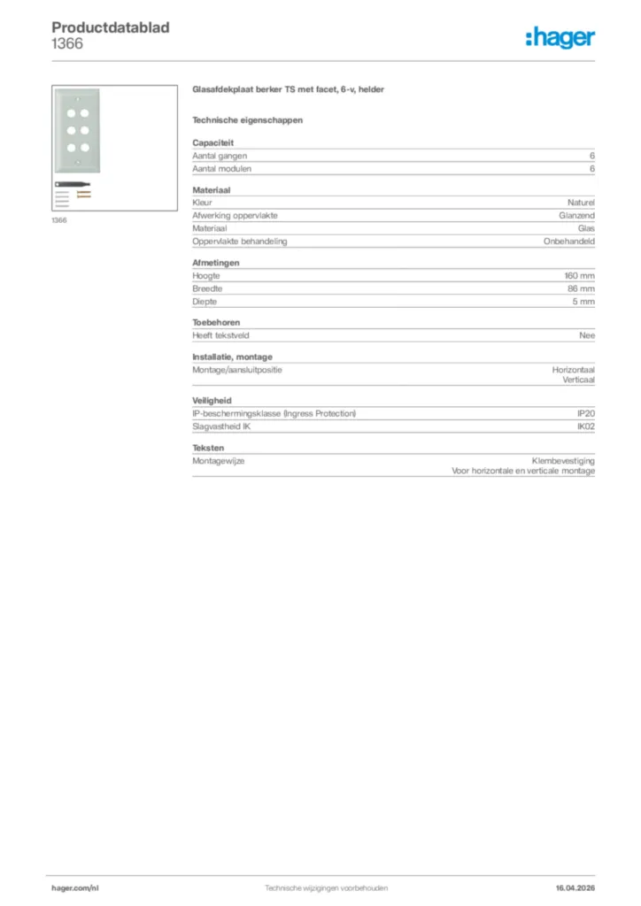 Afbeelding Hager Productdatablad 1366 | Hager Nederland