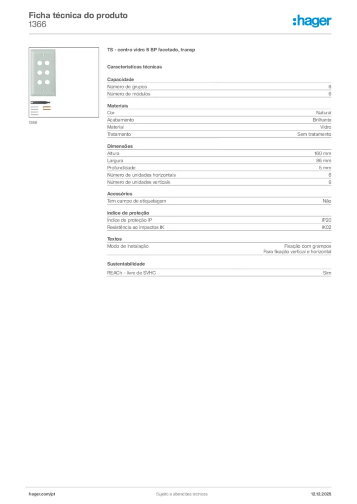 Imagem Hager Ficha técnica do produto 1366 | Hager Portugal