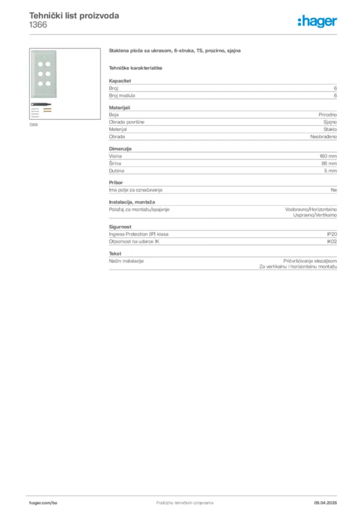 Slika Hager Tehnički list proizvoda 1366  | Hager