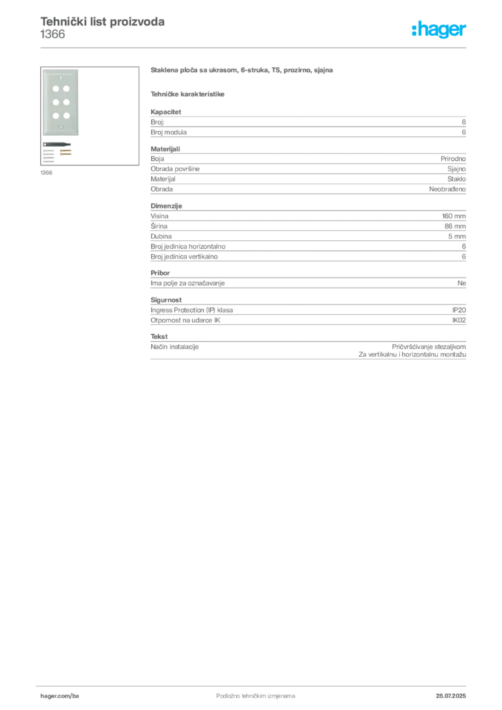 Slika Hager Product data sheet 1366  | Hager