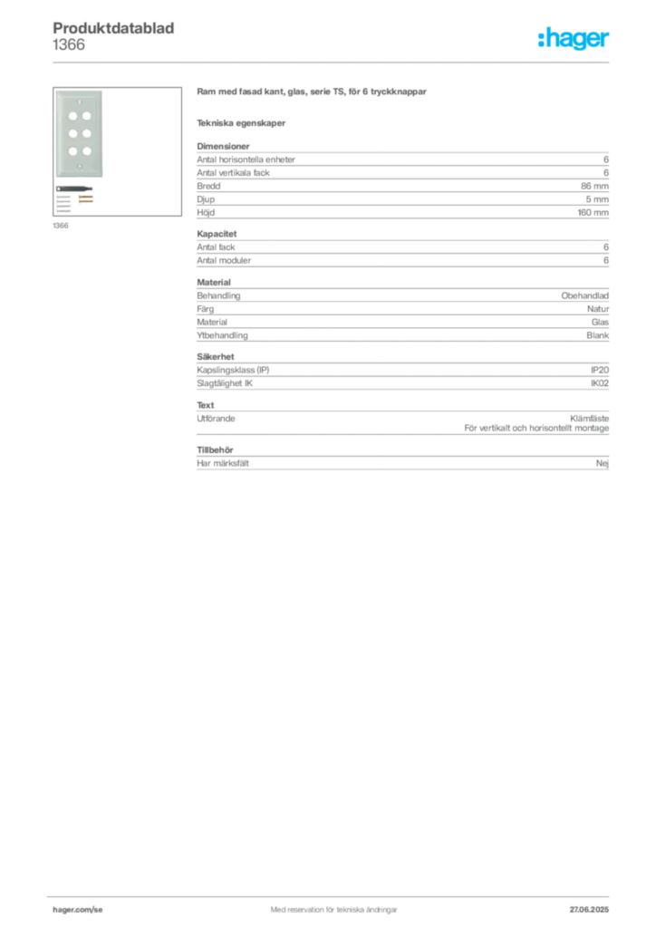 Bild Hager Produktdatablad 1366 | Hager Sverige