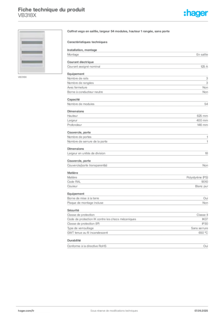 Image Hager Fiche technique du produit VB318X | Hager France
