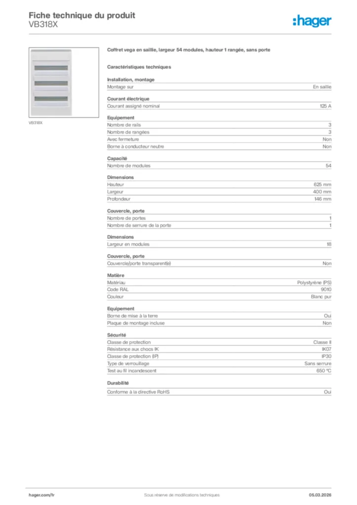 Image Hager Fiche technique du produit VB318X | Hager France