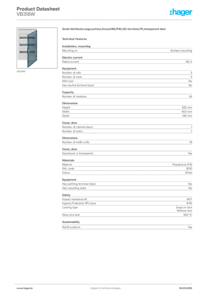 Image Hager Product data sheet VB318W  | Hager