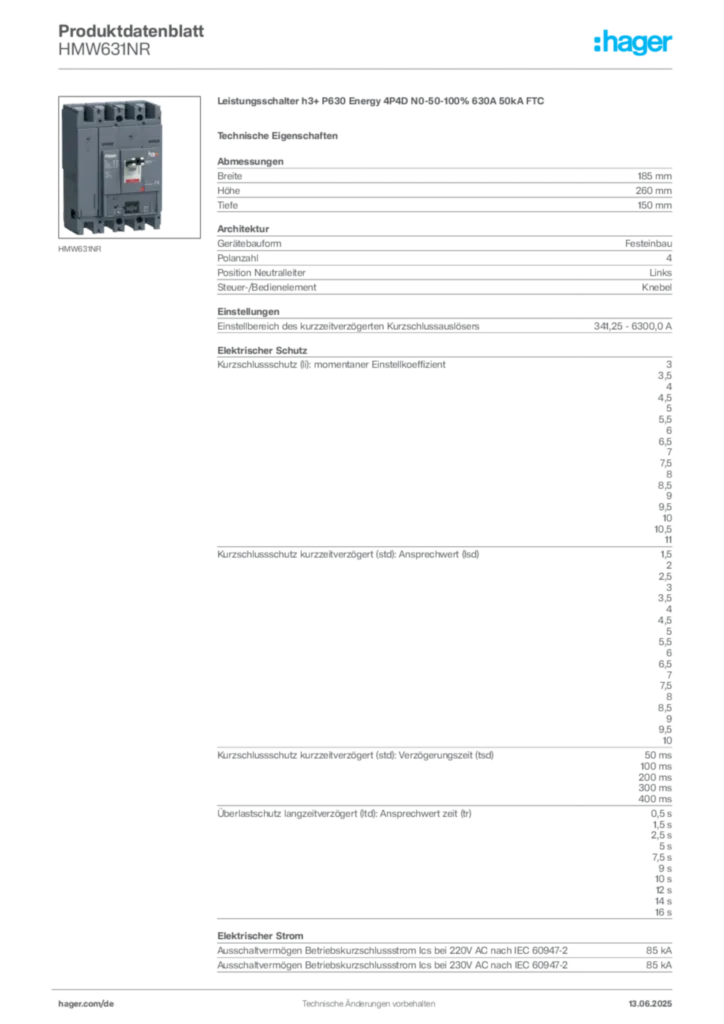 Bild Hager Produktdatenblatt HMW631NR | Hager Deutschland