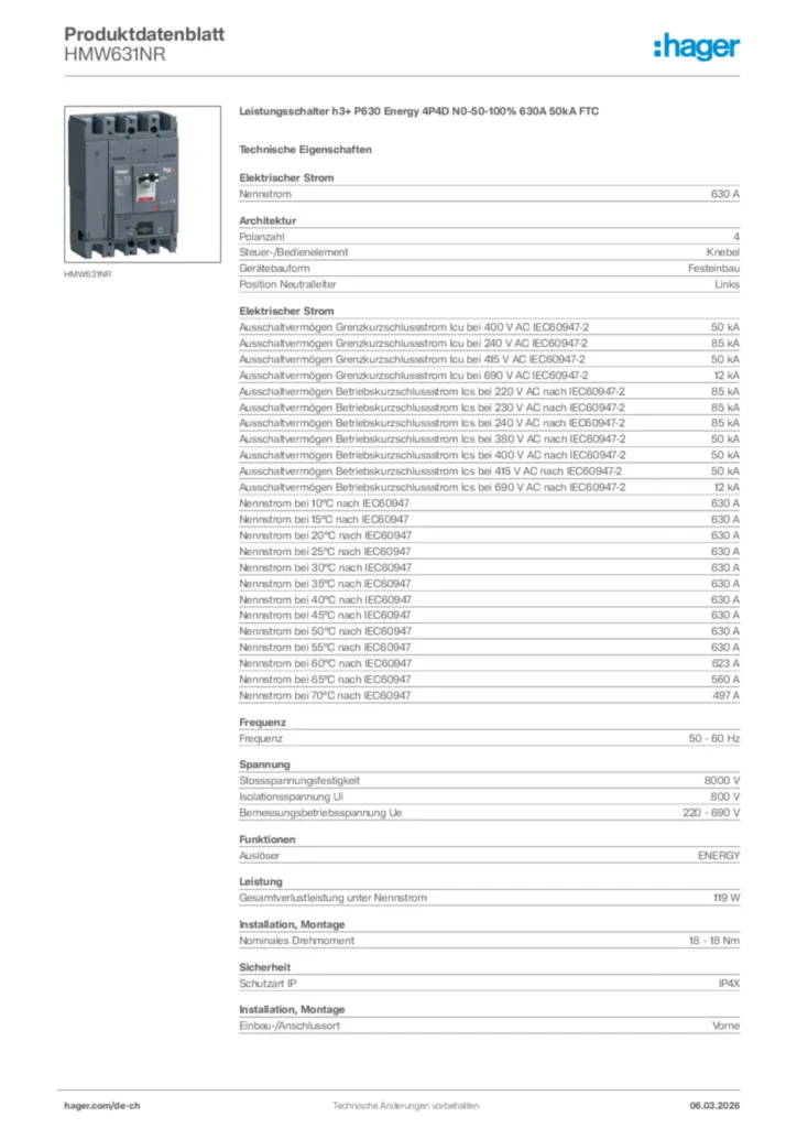 Bild Hager Produktdatenblatt HMW631NR | Hager Schweiz