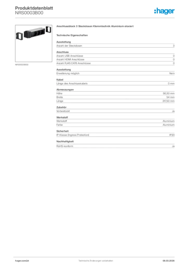 Bild Hager Produktdatenblatt NRS0003B00 | Hager Deutschland
