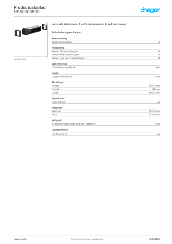 Afbeelding Hager Productdatablad NRS0003B00 | Hager Nederland