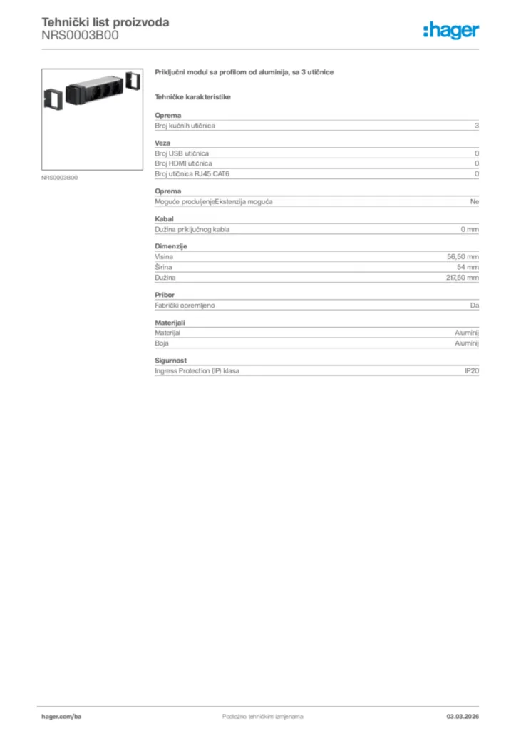 Slika Hager Tehnički list proizvoda NRS0003B00  | Hager