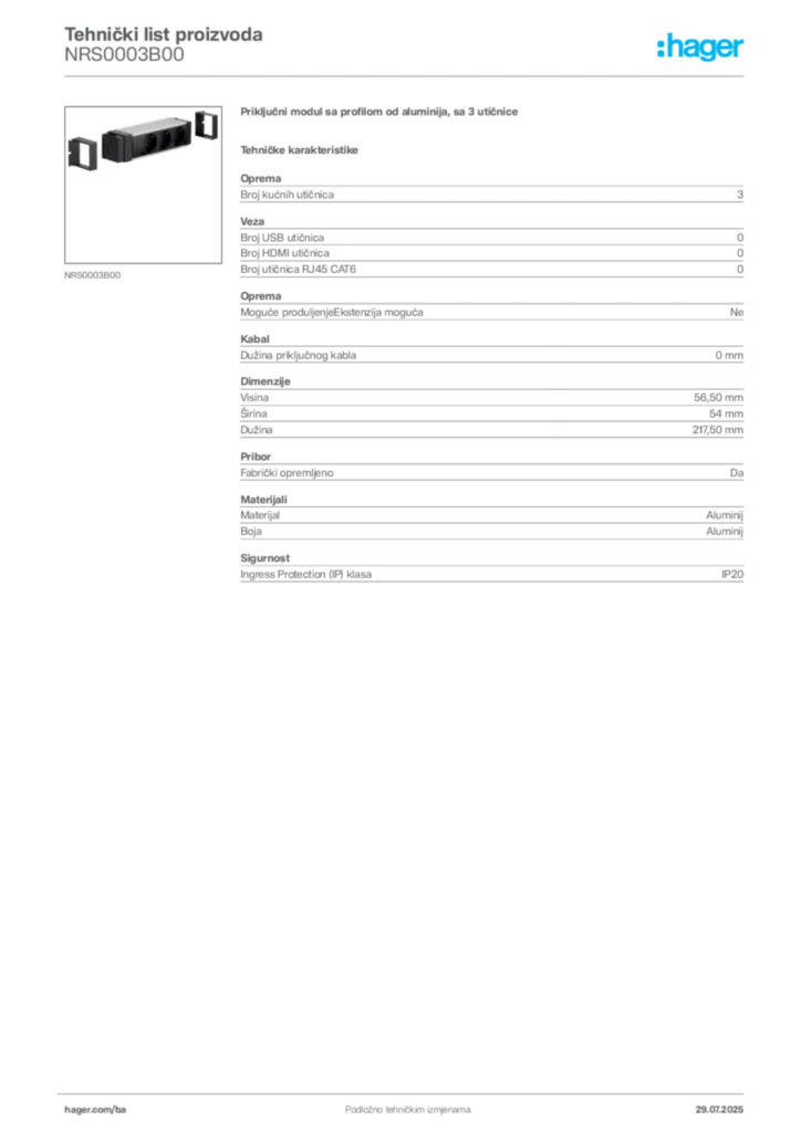 Slika Hager Product data sheet NRS0003B00  | Hager
