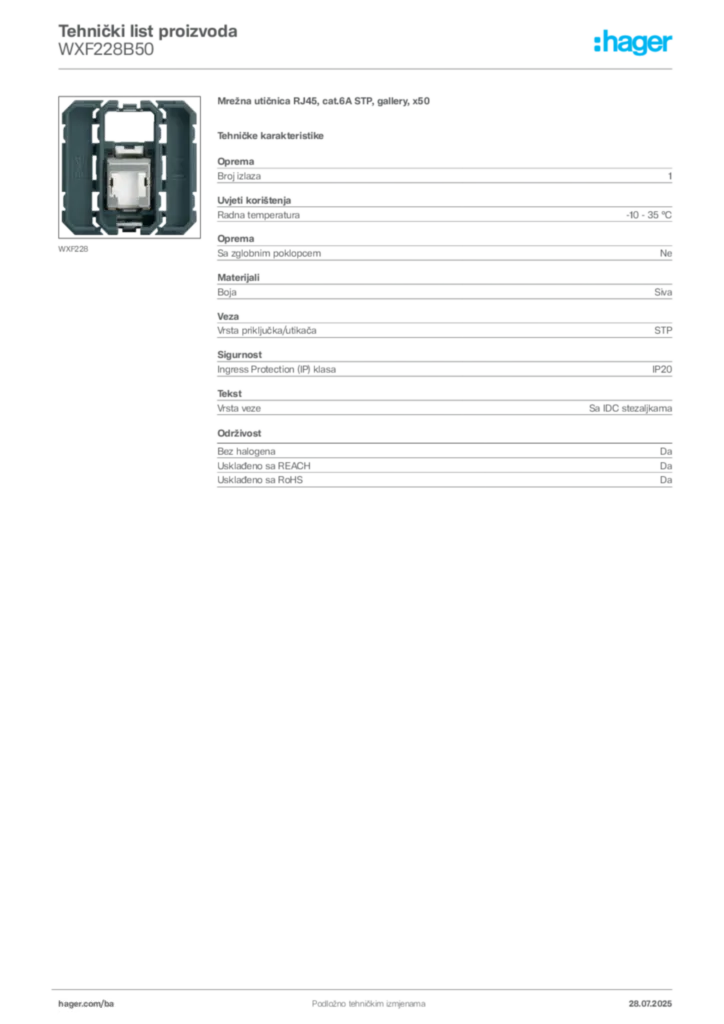 Slika Hager Product data sheet WXF228B50  | Hager