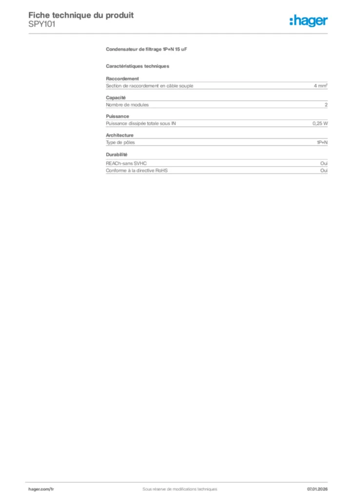 Image Hager Fiche technique du produit SPY101 | Hager France