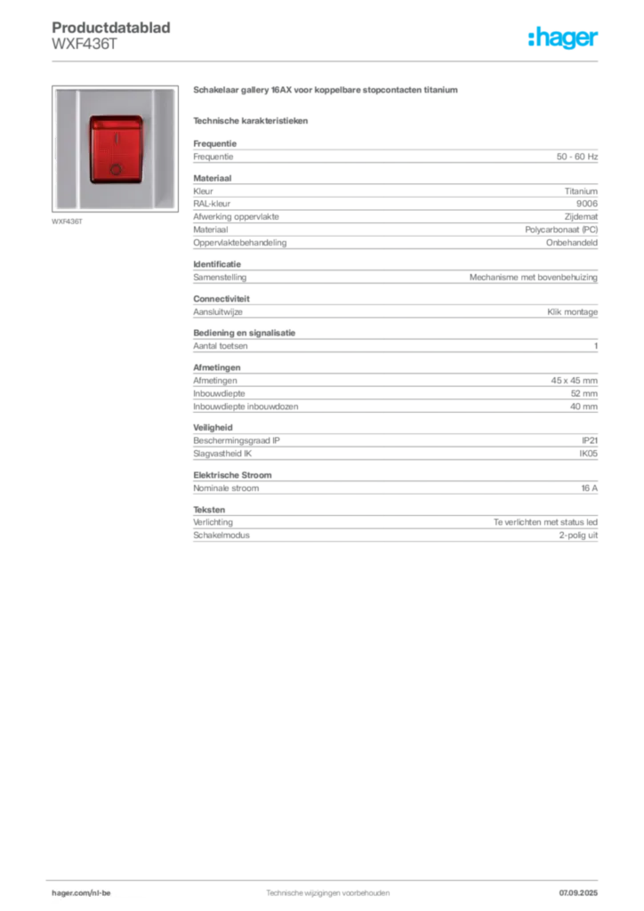 Afbeelding Hager Productdatablad WXF436T | Hager Belgium