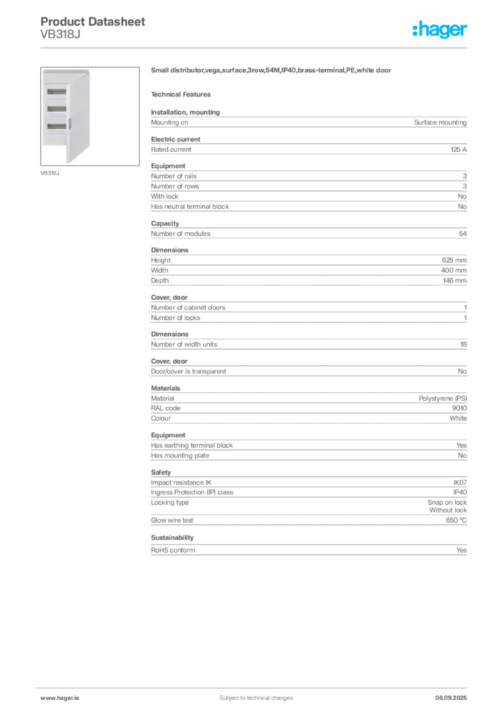 Image Hager Product data sheet VB318J  | Hager