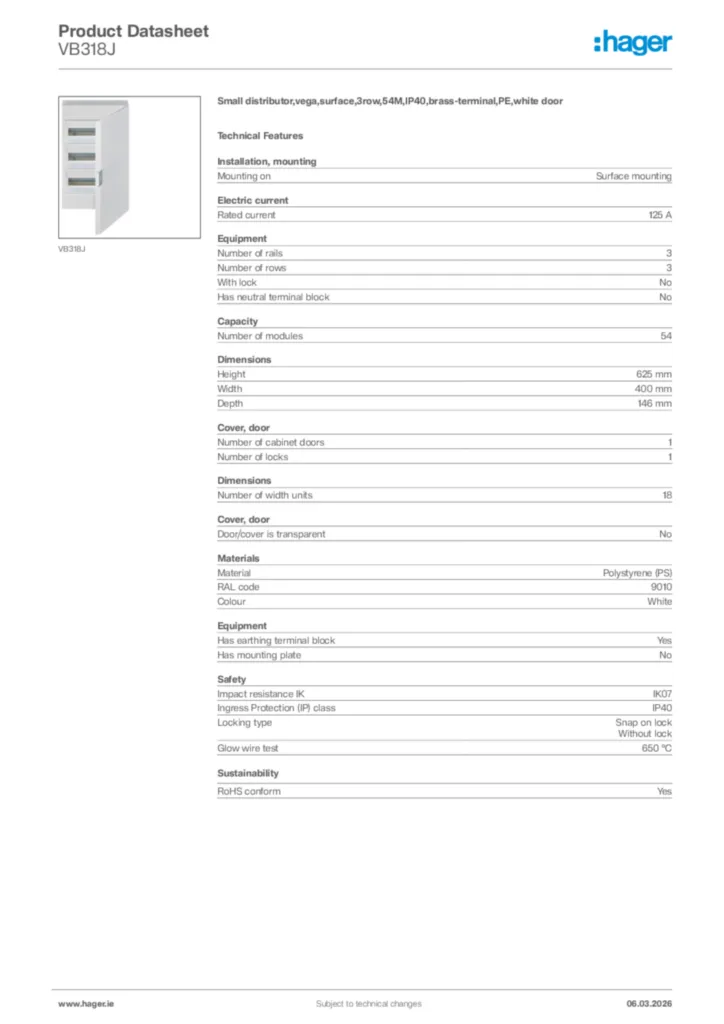Image Hager Product data sheet VB318J  | Hager