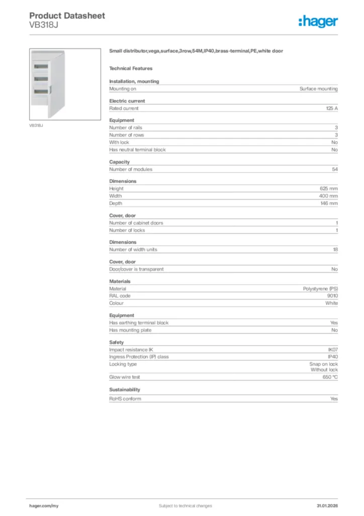 Image Hager Product data sheet VB318J  | Hager