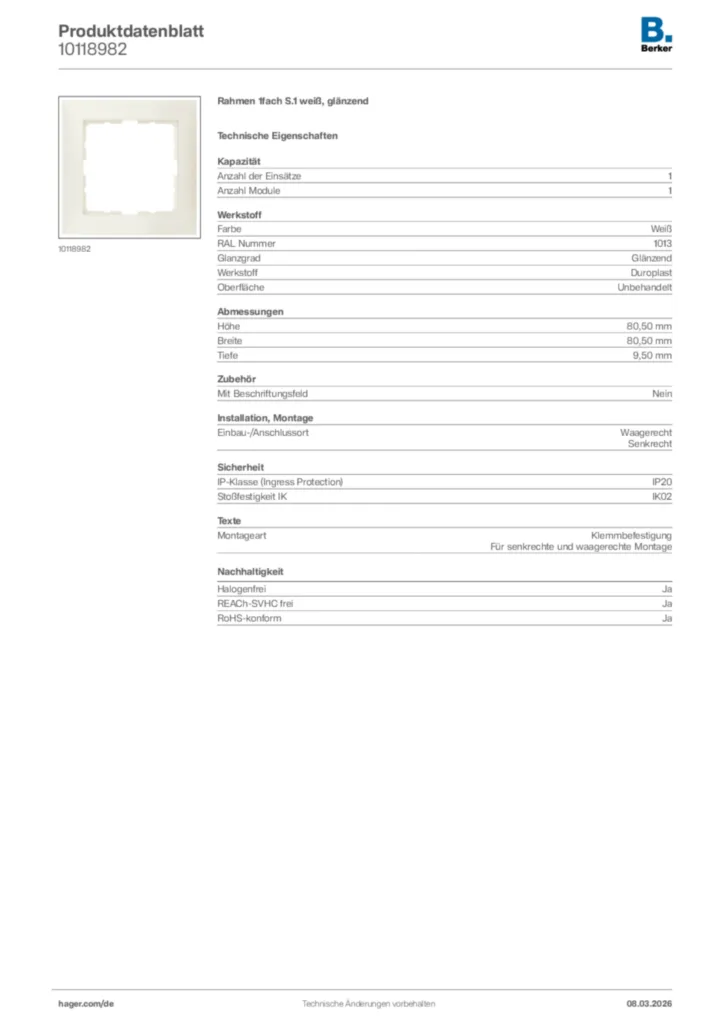 Bild Berker Produktdatenblatt 10118982 | Hager Deutschland