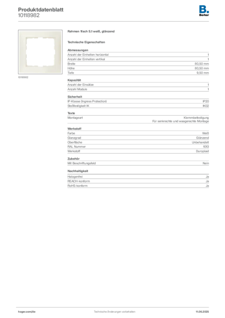 Bild Berker Produktdatenblatt 10118982 | Hager Deutschland