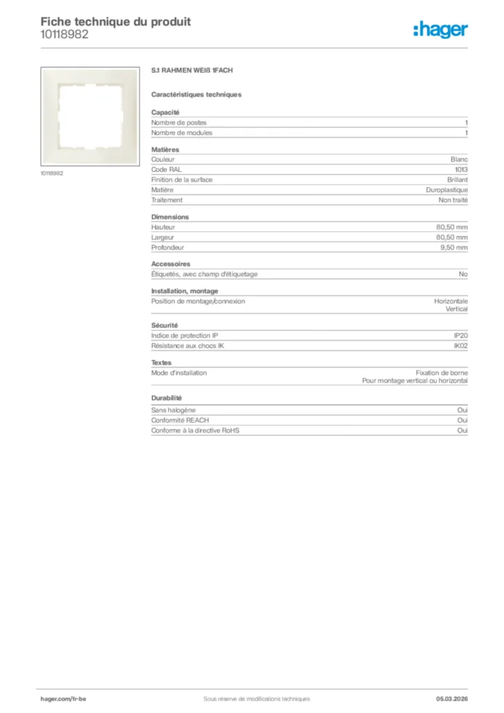Image Hager Fiche technique du produit 10118982 | Hager Belgique