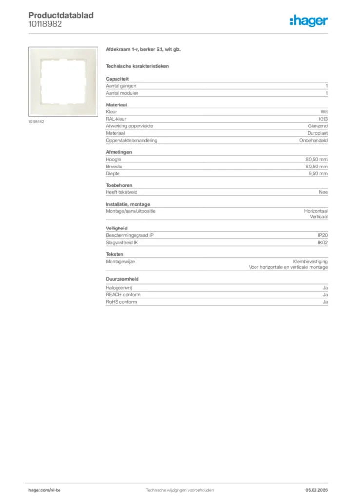 Afbeelding Hager Productdatablad 10118982 | Hager Belgium